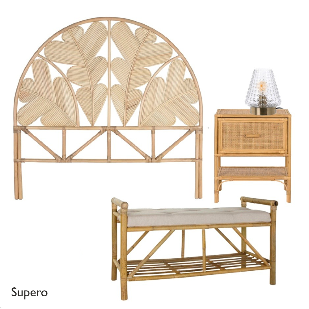 Rattan headboard, bench, and nightstand with leaf pattern on a white background
