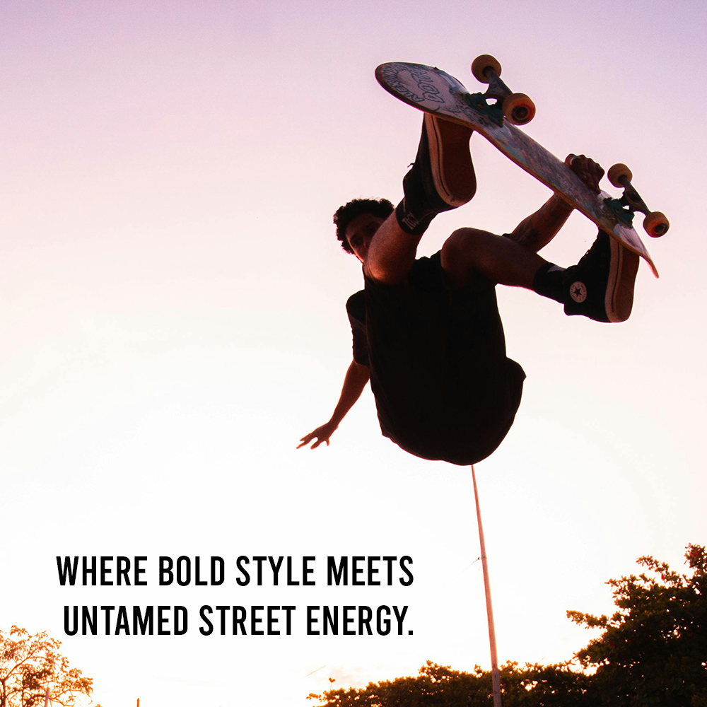 Person performing a skateboard trick with a quote about bold style and street energy.