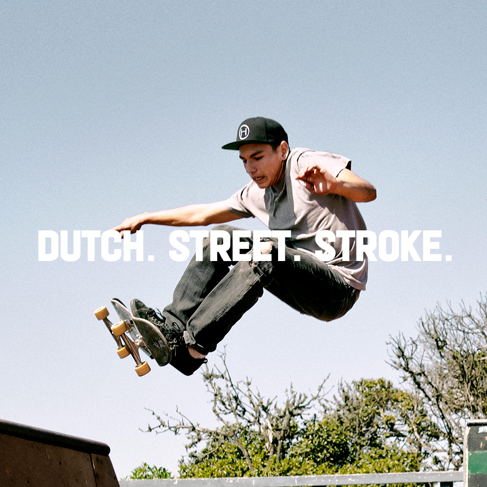 Skateboarder performing a trick with 'Dutch Street Stroke' text overlay.