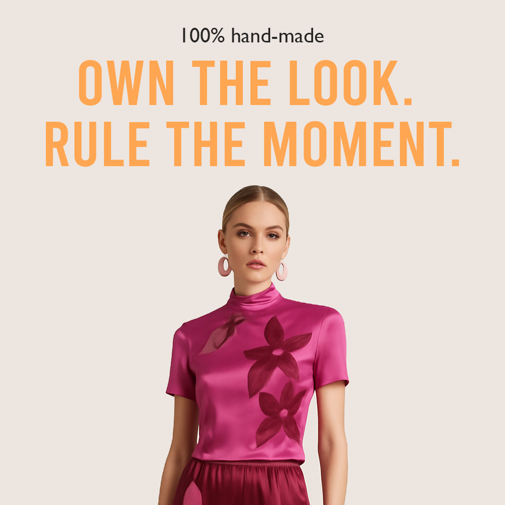 Woman wearing a pink top with floral designs on a beige background with text '100% hand-made, Own the Look, Rule the Moment'.