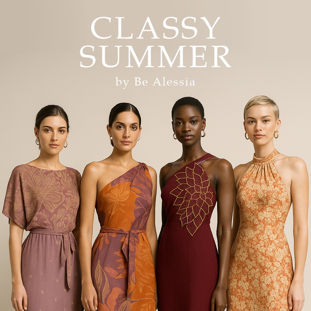 Four women wearing patterned dresses with 'Classy Summer by Be Alessia' text on a beige background